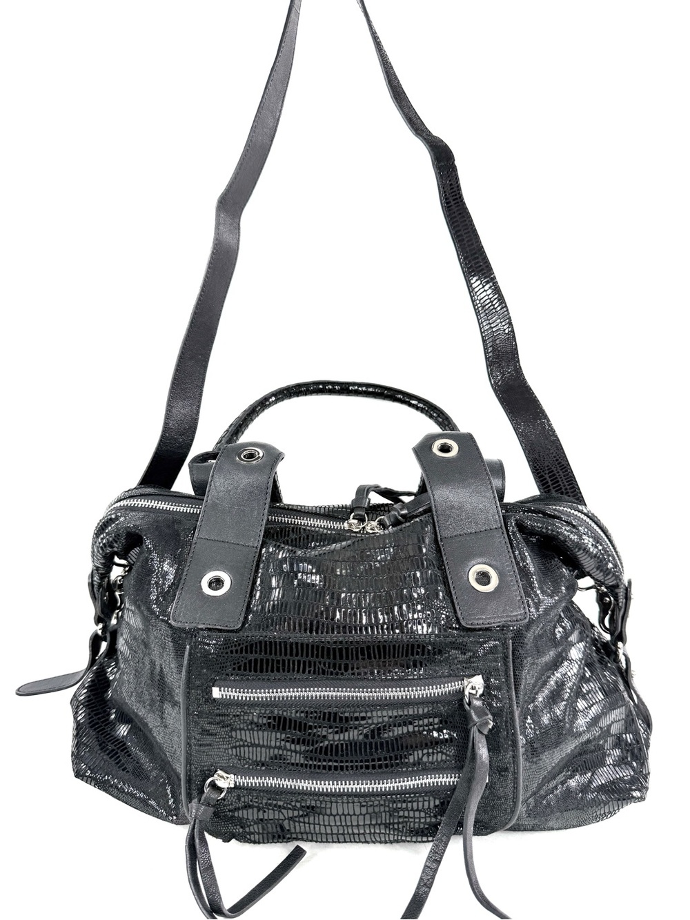 Chez Fine Leather Goods Cheryl Black Python Embossed Leather Large Shoulder Bag